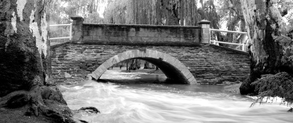 There was a street bridge over the creek next to the pedestrian bridge and over the flood waters that day.